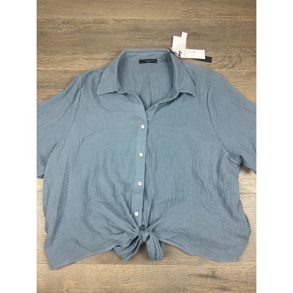 Tahari Woman Mid Steel Blue Tie Front Gauze Button Down Shirt 1X TH51206WNR